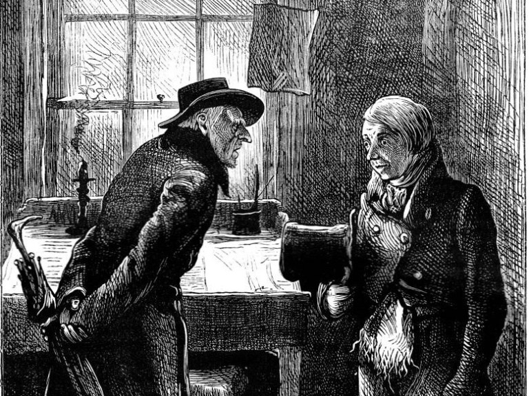 Ebenezer Scrooge confronts his employee, Bob Cratchit, in an image in the public domain from a 19th-century edition of Charles Dickens’s “Christmas Carol.”