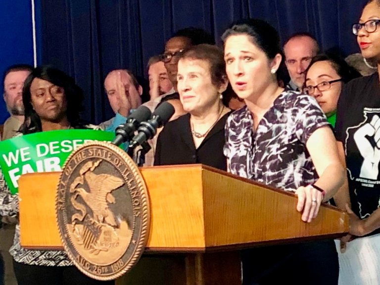 AFSCME Council 31 Executive Director Roberta Lynch and Comptroller Susana Mendoza warned last fall that Gov. Rauner was risking “hundreds of millions” in backpay in his extended conflict with state union workers. (One Illinois/Ted Cox)
