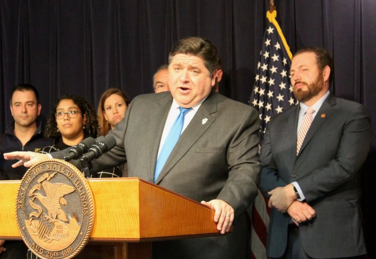 Gov. Pritzker explains his Fair Tax Calculator at the Thompson Center in Chicago on Tuesday. (One Illinois/Ted Cox)