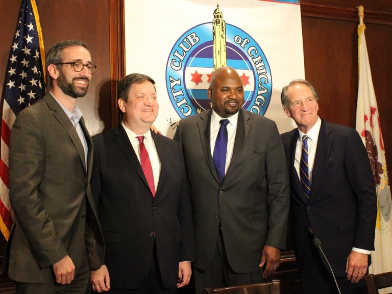 Reps. Will Guzzardi and David McSweeney and Sens. Elgie Sims and Chuck Weaver come together for a photo after Monday’s tax forum. (One Illinois/Ted Cox)