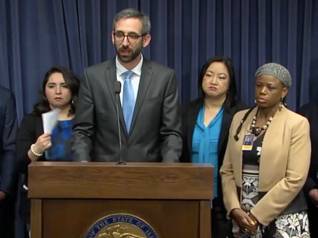 State Reps. Delia Ramirez, Will Guzzardi, Theresa Mah, and Carol Ammons gather at a Progressive Caucus news conference last month in Springfield. (Blue Room Stream)