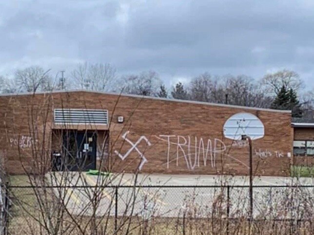The anti-Semitic graffiti posted last weekend on Seth Paine Elementary School has already been removed. (Facebook/Jessica Vealitzek)