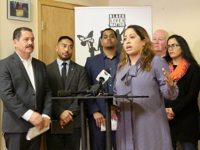 Congressman Jesus “Chuy” Garcia, Lawrence Benito of ICIRR, and Maywood Trustee Nathaniel Booker back state Sen. Celina Villanueva in criticizing new federal initiatives meant to intimidate immigrants. (One Illinois/Ted Cox)