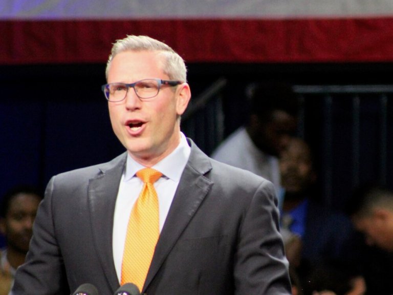 State Treasurer Michael Frerichs, seen at a 2018 get-out-the-vote rally, takes issue with the anti-tax “misinformation campaign” that has worked to “sully my name in the process.” (One Illinois/Ted Cox)