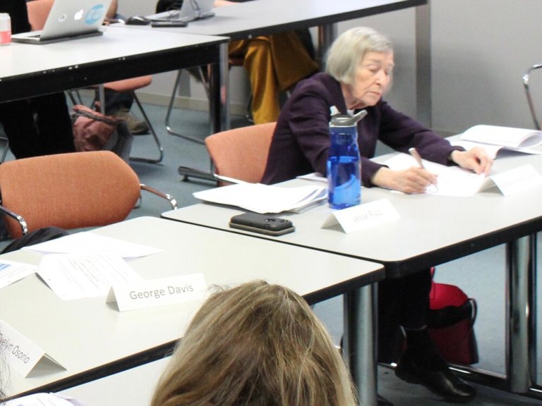 Former Illinois House Majority Leader Barbara Flynn Currie works at a preschool commission meeting at the Thompson Center in Chicago last January. (One Illinois/Ted Cox)